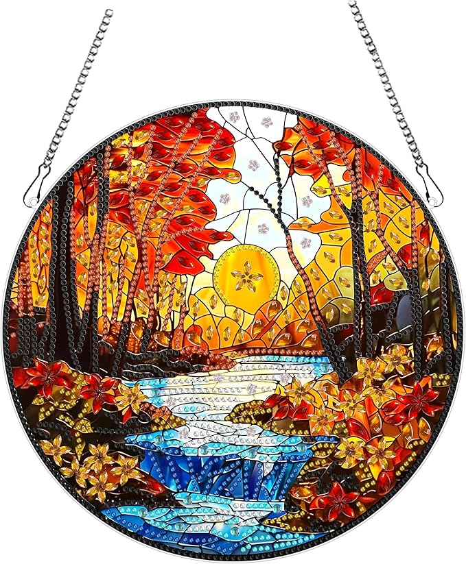 hyzsj DIY Hanging Diamond Art Pendant Painting Kit Landscape River Forest, Special Crystal Gem Craft Painting Kit Ornament 9.4x9.4inch