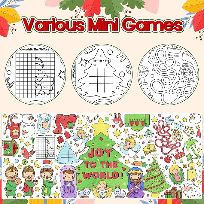 dvbonike jumbo christmas joy to the world coloring poster - nativity xmas tree games color-in paper blank doodle art banner 55.1 x 23.6 inch decor for kids school group activity home party supplies