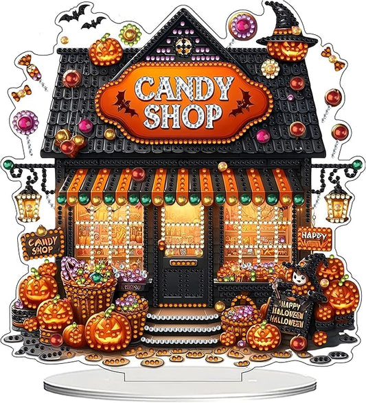 JJFox DIY 5D Tabletop Diamond Art Painting Kit， Desktop Ornament Special Shaped Rhinestone Desk Placement Ornament，Home Stand Up Gem Painting Craft Kit，Gift (Halloween Candy Shop)
