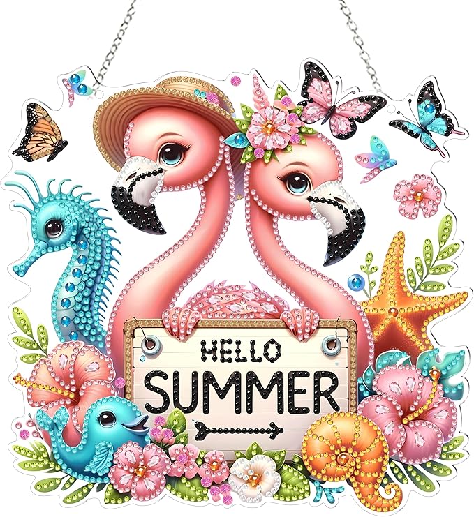 DIY Hanging Diamond Art Kit for Adult – 5D Gem Art Window & Wall Pendant, Acrylic Diamond Painting Ornament for Home & Garden Decoration (Summer Flamingos)