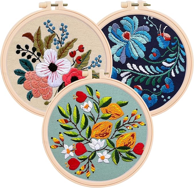 Colorful Flowers Embroidery Kit for Beginners – DIY Hand Embroidery Set with 3 Hoops, Stamped Patterns, Needles, Thread, Scissors – Floral Embroidery Kit for Adults, Teens, Women, Craft Lovers