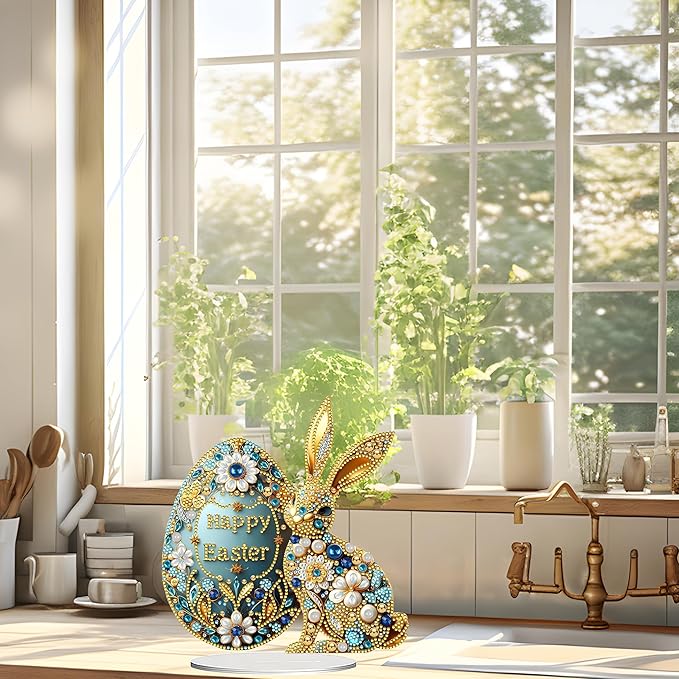JJFox DIY Tabletop Diamond Art Painting Kit，Desktop Ornament Special Shaped Rhinestone Desk Placement Ornament，Home Stand Up Gem Painting Craft Kit Gift Double Sided (Easter Bunny)