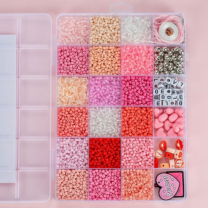 24 Grids Pink Colored Glass Seed Beads Kit for DIY Jewelry Making - Handmade Craft for Friendship Bracelet Necklace, with Heart Pendant, Letter Beads and Elastic line