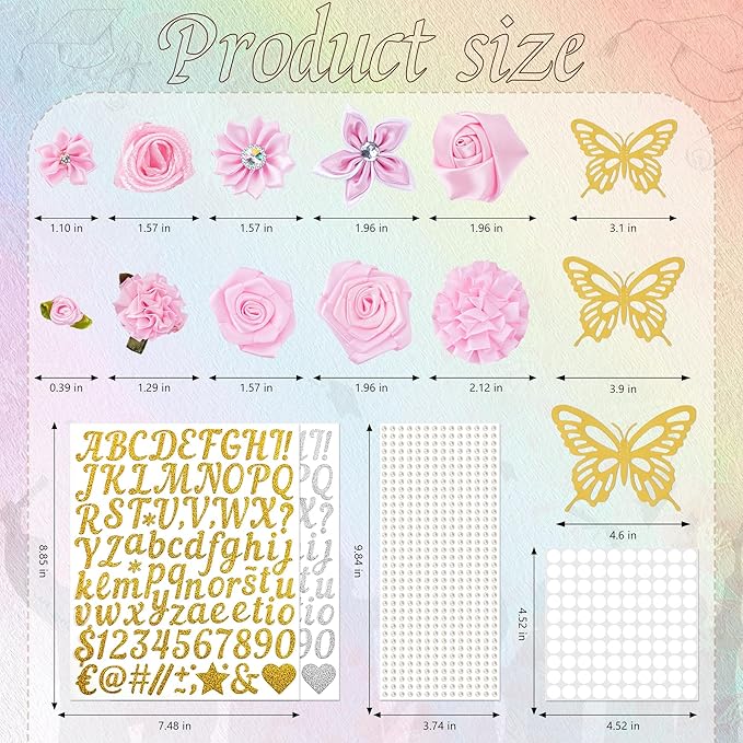 VISSTREE Graduation Cap Decorations Kit, 56 Pcs DIY Cap Decoration with Pink Artificial Flower Rhinestones Letter Stickers 3D Glitter Butterfly for 2026 Graduation Dress Grad Hats Topper