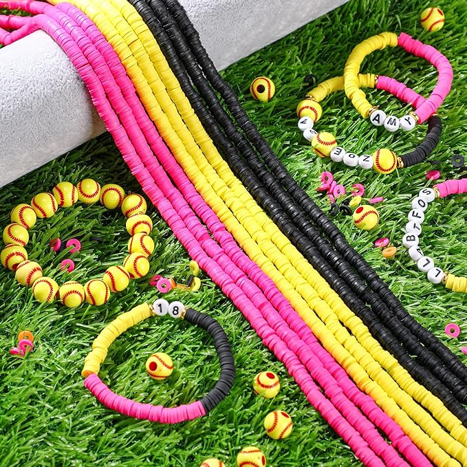 Ferreve 4200 Pcs Softball 12 Strands Clay Beads Bracelet Making Kit, 100 Letter and Number Beads, 120 Softball Acrylic with Gold Spacer, Charm Bracelet Kit for Sport Party