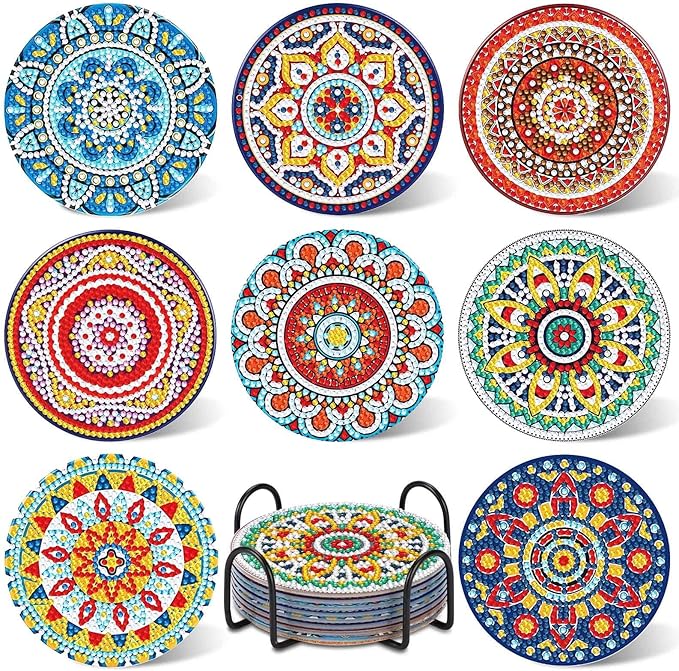 UPINS 8Pcs Mandala Diamond Art Painting Art Coasters Kits with Holder, Diamond Art Non Slip Coaster Kits DIY with Holder Crafts for Adults Diamond Art Painting Kits Supplies for Christmas Gift