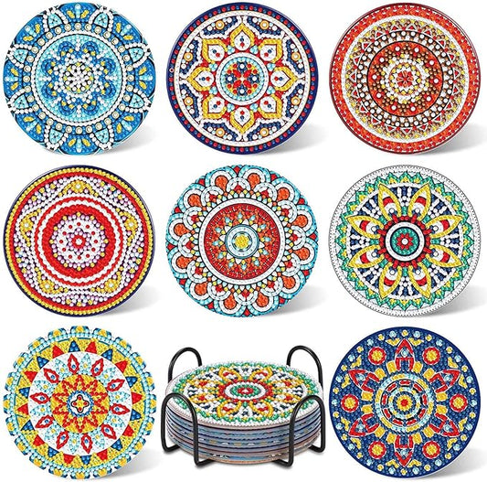 UPINS 8Pcs Mandala Diamond Art Painting Art Coasters Kits with Holder, Diamond Art Non Slip Coaster Kits DIY with Holder Crafts for Adults Diamond Art Painting Kits Supplies for Christmas Gift