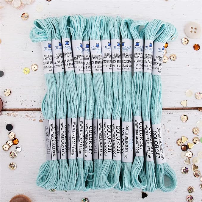 12 Skeins ThreadArt Premium Egyptian Long Fiber Cotton Embroidery Floss | Light Aqua | 6 Strand Divisible Thread 8.75yds Each for Hand Embroidery, Friendship Bracelets, Cross Stitch and Crafts