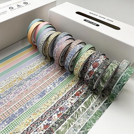 YUBX Vintage Washi Tape Set 20 Rolls Skinny Retro Decorative Antique Patterns Masking Tapes for Arts, DIY Crafts, Journals, Planners, Scrapbook, Wrapping (Nature)