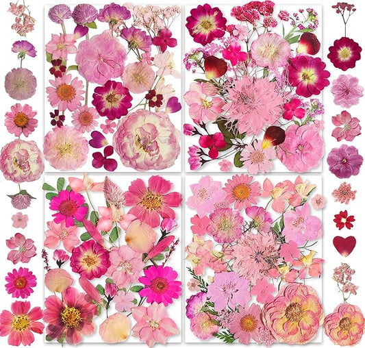 148PCS Pink Dried Pressed Flowers with Butterfly Stickers - YouthBro Real Nature Flowers Craft Set for Resin Jewelry Candle Soap Vase Making Nail Card Scrapbook Art Floral Decors