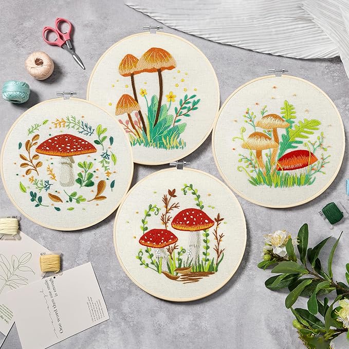 Bonroy 4 Sets Embroidery Kit for Beginners with Instructions,Cross Stitch Kits for Adults with Pattern,Needlepoint Kits for Adult Include Embroidery Cloth Hoops Needles Threads(Mushroom)