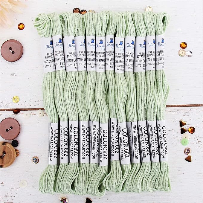 12 Skeins ThreadArt Premium Egyptian Long Fiber Cotton Embroidery Floss | Light Green | 6 Strand Divisible Thread 8.75yds Each for Hand Embroidery, Friendship Bracelets, Cross Stitch and Crafts