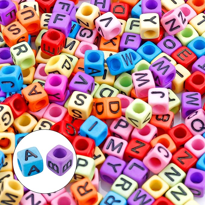 Augshy 1400pcs 5 Color Cube Alphabet Beads Bracelet Letter Beads for Bracelets Making with 1 Roll 50M Crystal String Cord for Jewelry Making（6mm）