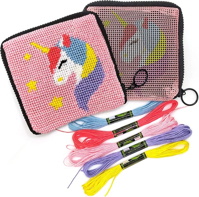 CRAFTILOO Needlepoint Kit for Kids — Beginner Cross Stitch Sewing Kit with Pre Printed Canvas, Easy Embroidery Arts and Crafts Starter Set for Girls and Boys Ages 6-12 (Unicorn)