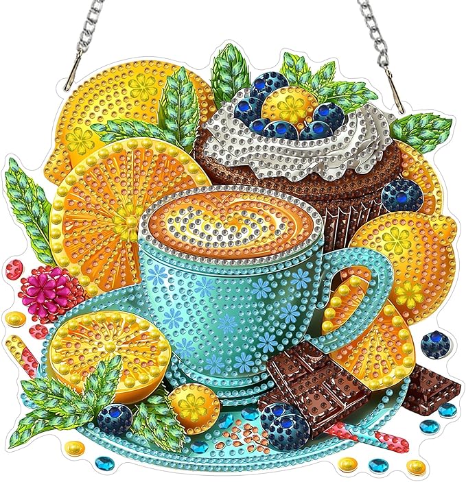 MXJSUA Coffee Lemon Diamond Art Hanging Kits for Adults Beginners, DIY Acrylic Special Shaped Crystal Diamond Gem Drills Pendant Art Painting Ornament for Home Wall Decor Gift 8x8 inch