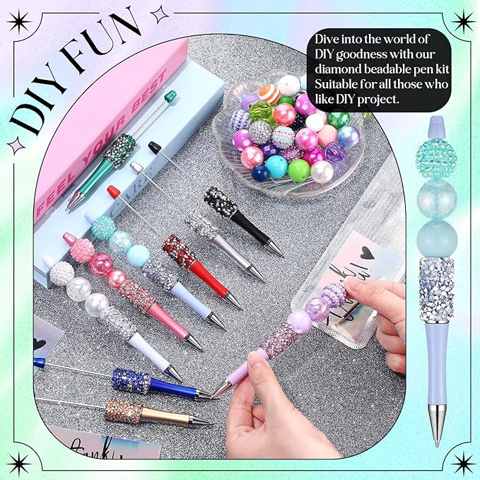 40 Pcs DIY Beaded Pens Kit, 10 Rhinestone Glitter Beadable Pens with Refills & Bags & Card (Beads Not Included) for Cute Craft Gifts Making School Supplies Office Accessories(Mini Beads)