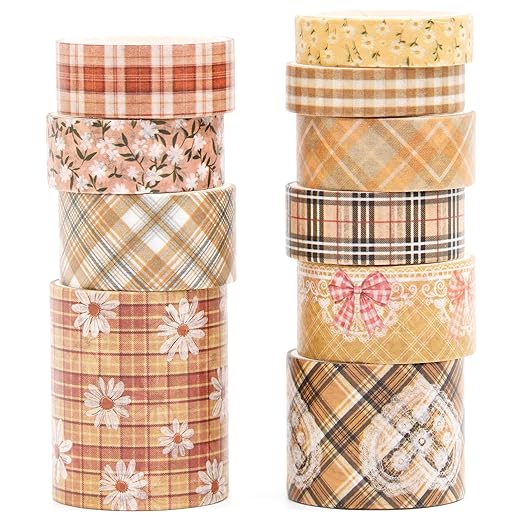 10 Rolls Vintage Floral Washi Tape Set Pastel Plaid Arts Adhesive Tapes Soft Colors Decorative Masking Tape Sets for Craft, Kids, Scrapbook, DIY, Gift Wrapping (Golden Daisy)