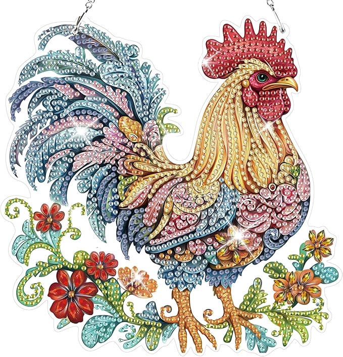 HEIBAG Rooster Hanging Diamond Art Kits for Adults, Chicken Special Shaped Crystal Diamond Painting Ornament Kit, DIY Double-Sided Pattern Window Pendant Gem Art Kit for Home Wall Decor 8.3x8.3inch
