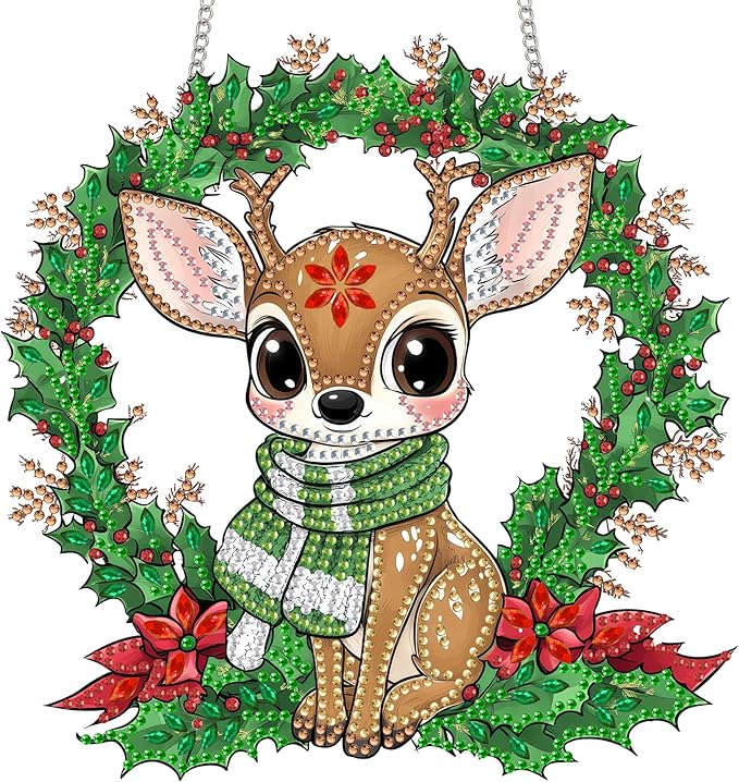 Reofrey Hanging Diamond Art Kits for Adults - 8x8 Inch Christmas Deer Acrylic Board Double Sided Pattern Diamond Art Suncatcher Pendant, Crystal Art for Home Wall or Window Decoration Handmade Gift