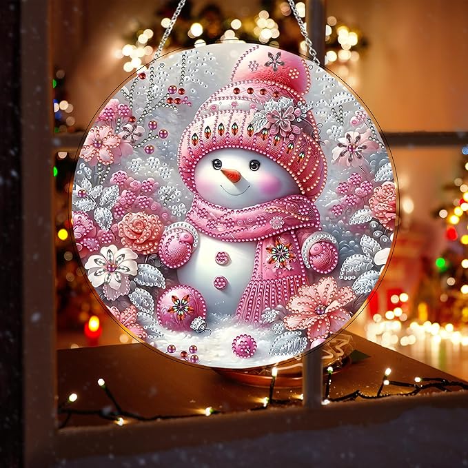 JJFox Diamond Art Hanging Kit for Adult,Special Shaped Rhinestone,Double Sided DIY Acrylic 5D Diamond Art Painting Window Pendants Home Garden Wall Hanging Kits Hanging Ornament (Christmas Snowman-2)