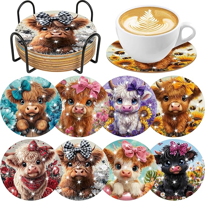 Cow Diamond Art Coasters Kits, 8 Pcs Highland Cow Diamond Painting Coaster with Cork Pads and Holder, Cute Animal Gem Art Kits for Adults Beginners DIY Crafts Home Decor