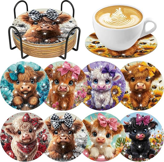 Cow Diamond Art Coasters Kits, 8 Pcs Highland Cow Diamond Painting Coaster with Cork Pads and Holder, Cute Animal Gem Art Kits for Adults Beginners DIY Crafts Home Decor