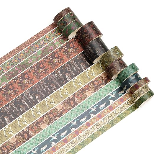 12 Rolls Chinoiserie Washi Tape Set Chinese Arts Adhesive Tapes Geometric Garden Decorative Masking Tape Sets for Craft, Kids, Scrapbook, DIY, Gift Wrapping (Almond Blossom Ridge)