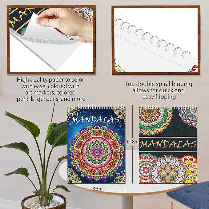 Elfew 2 Pack Mandalas Coloring Books for Adult, 80 Original Mandala Patterns and Designs, Coloring Book for Adults Relaxation, Adult Coloring Book Spiral Bound, Relaxation Books for Women