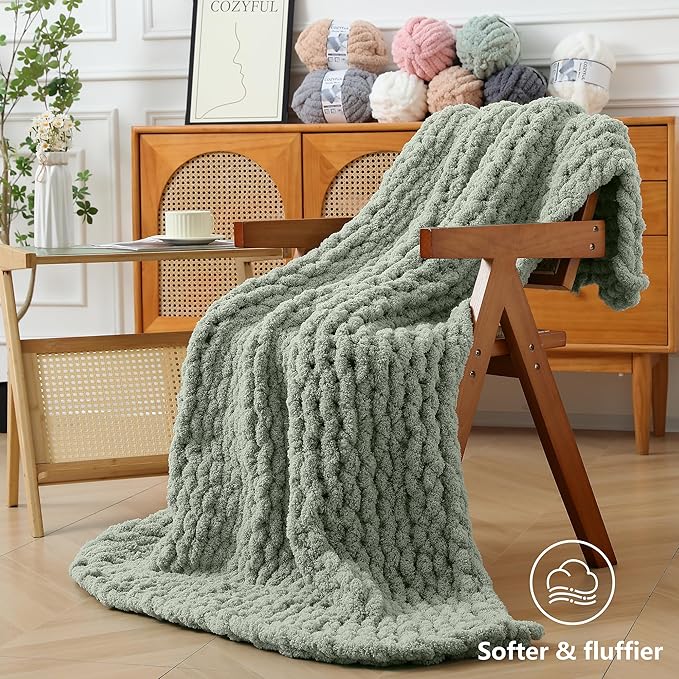 Chunky Yarn for Hand Knitting - #10 Chunky Chenille Yarn, Jumbo Big Thick Chunky Yarns for Crocheting, Super Bulky Chunky Knit Blanket Yarns, 8 Skein (25 yds 8 oz Each Skein), Sage Green