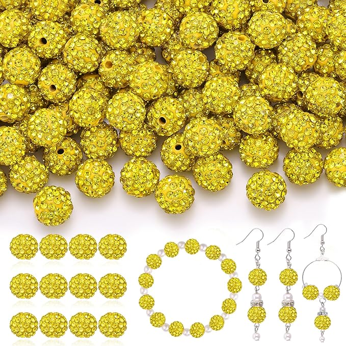 120pcs 10mm rhinestone beads for jewelry making, yellow shiny round shamballa disco ball beads bulk, sparkle crystal clay christmas for bracelet baseball necklace earring crafting and diy