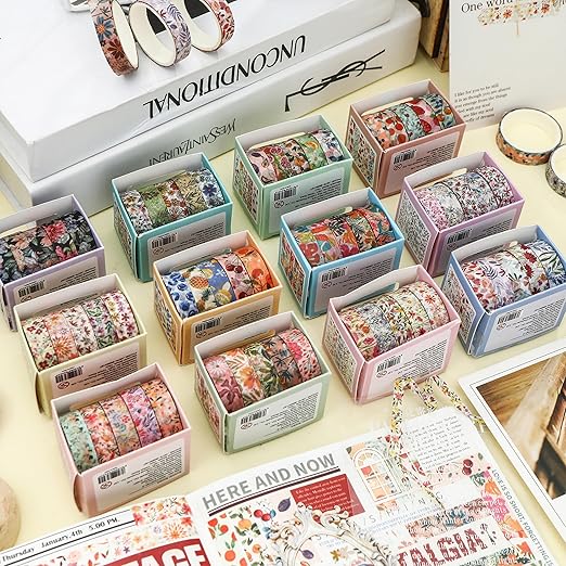 yubx flowers washi tape set 60 rolls floral patterns decorative skinny blooms masking tapes for arts, diy crafts, journals, planners, scrapbook, wrapping (summer)