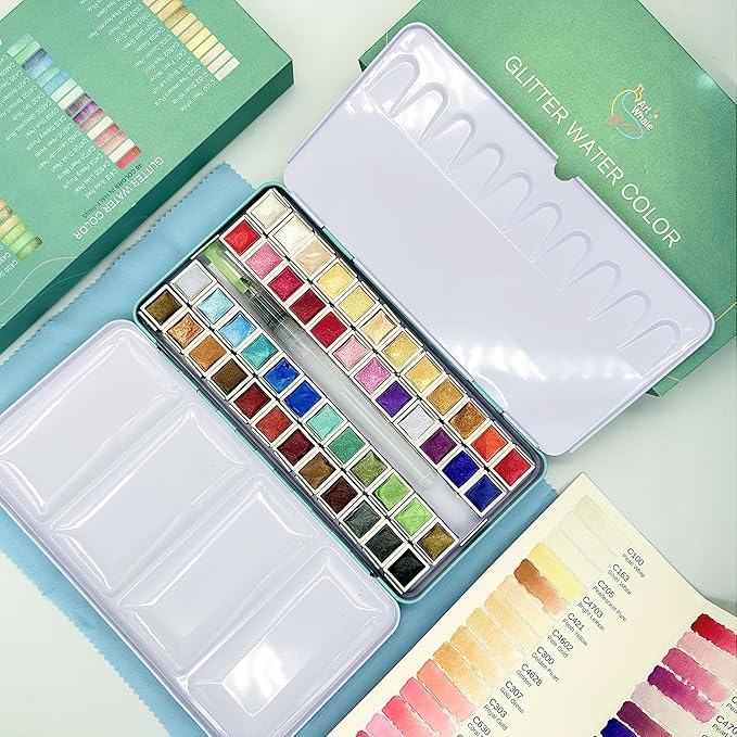 Metallic Watercolor 48 Colors|Tin Box & Waterbrush |Intense Pigments, Smooth Blend
