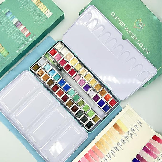 Metallic Watercolor 48 Colors|Tin Box & Waterbrush |Intense Pigments, Smooth Blend