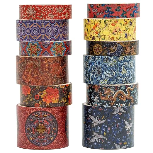 12 Rolls Chinoiserie Washi Tape Set Chinese Arts Adhesive Tapes Geometric Garden Decorative Masking Tape Sets for Craft, Kids, Scrapbook, DIY, Gift Wrapping (Drifting on Azure Waves)
