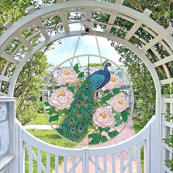 Wergund 5D DIY Peacock Diamond Art Hanging Kits, Hanging Diamond Art Bird, Acrylic Special Shaped Rhinestone, Window Hanging Pendants for Home Wall Garden Front Door Outdoor Decor Gift(Peacock)
