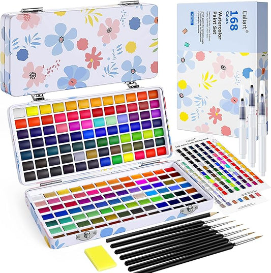 Caliart 168 Colors Watercolor Paint Set Portable, for Adults Artists Professional, Art Supplies Watercolor Painting Kit Drawing Gifts, Easter Basket Essentials Stuffers