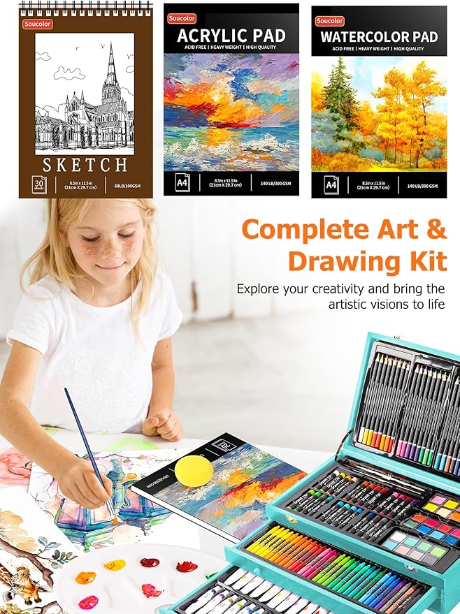 Soucolor Art Supplies, 192-Pack Deluxe Art Set Drawing Painting Supplies Art Kit with Acrylic Pad, Watercolor Pad, Sketch Book, Canvases, Acrylic Paint, Crayons, Pencils, Gifts for Artists Adults