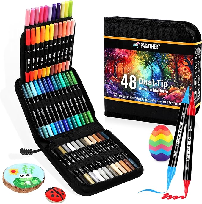 pagather 48 colors acrylic paint markers, dual tip with fine tip and brush tip pens for stone, wood, calligraphy, canvas, ceramic, metal, glass, rock painting, diy crafts art supplies kit