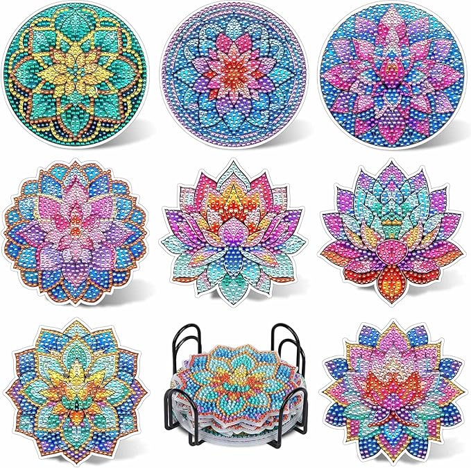 UPINS 8Pcs Lotus Diamond Art Painting Coasters Kits with Holder, Diamond Art Non Slip Coaster Kits DIY with Holder Crafts for Adults Diamond Art Painting Kits Supplies for Holiday Gift