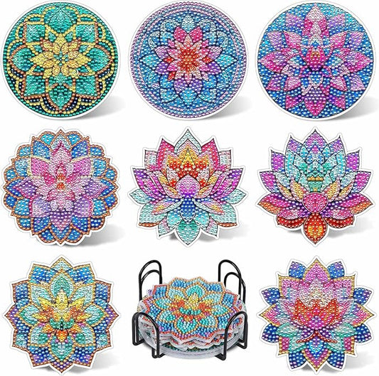 UPINS 8Pcs Lotus Diamond Art Painting Coasters Kits with Holder, Diamond Art Non Slip Coaster Kits DIY with Holder Crafts for Adults Diamond Art Painting Kits Supplies for Holiday Gift