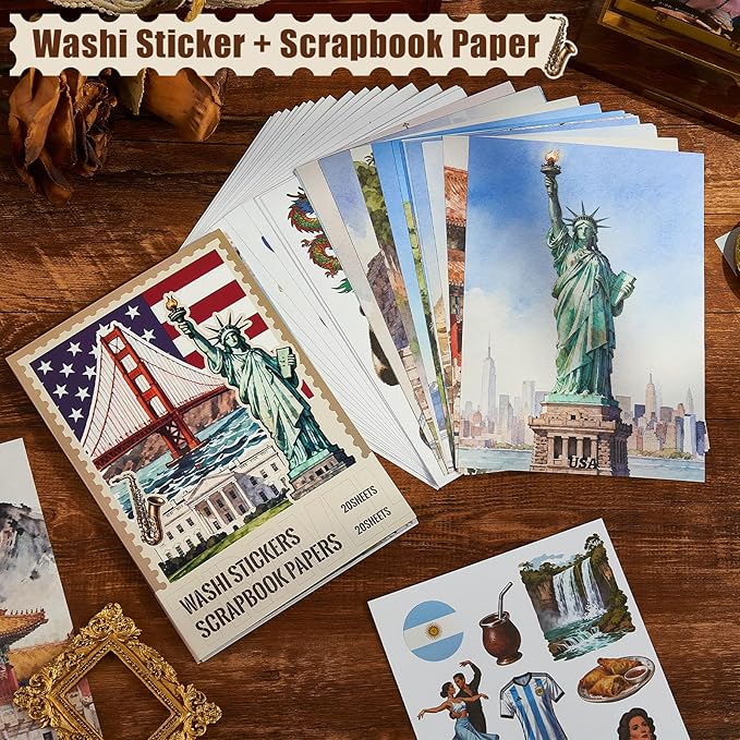 Gemmapylor 280PCS Travel Journaling Supplies, Scrapbook Paper Kit with 220+ Washi Stickers, Junk Journal Ephemera Set for Scrapbooking, Planner Decoration & Art Collage