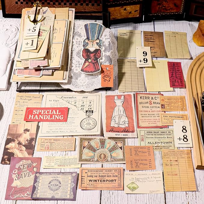 CATaireen Vintage Junk-Journal Mixed Paper Scrapbooking Embellishments Set Retro Journaling Decoupage Stickers Textured Packaging Decorative Cards Tags Kit (Library 2)