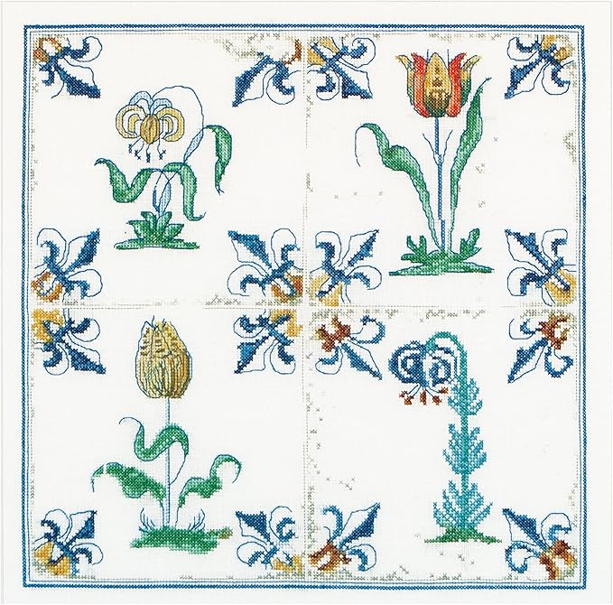 Thea Gouverneur - Counted Cross Stitch Kit - Antique Tiles Flowers - Aida - 18 Count - Embroidery Kit for Adults - DMC Embroidery Threads and Other Cross Stitch Supplies Included - 485A