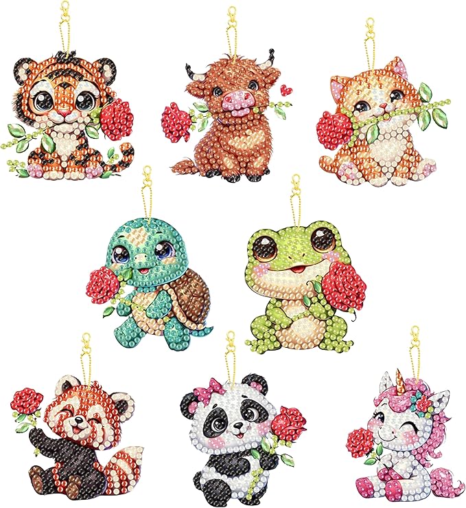 Masendp 8 Piece 5D DIY Animal Diamond Painting Double Sided Keychain Set, Flower Diamond Pendant Hanging Animal Art Decoration for Adult Beginner Pack Birthday Family Party Decoration
