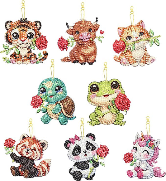 Masendp 8 Piece 5D DIY Animal Diamond Painting Double Sided Keychain Set, Flower Diamond Pendant Hanging Animal Art Decoration for Adult Beginner Pack Birthday Family Party Decoration