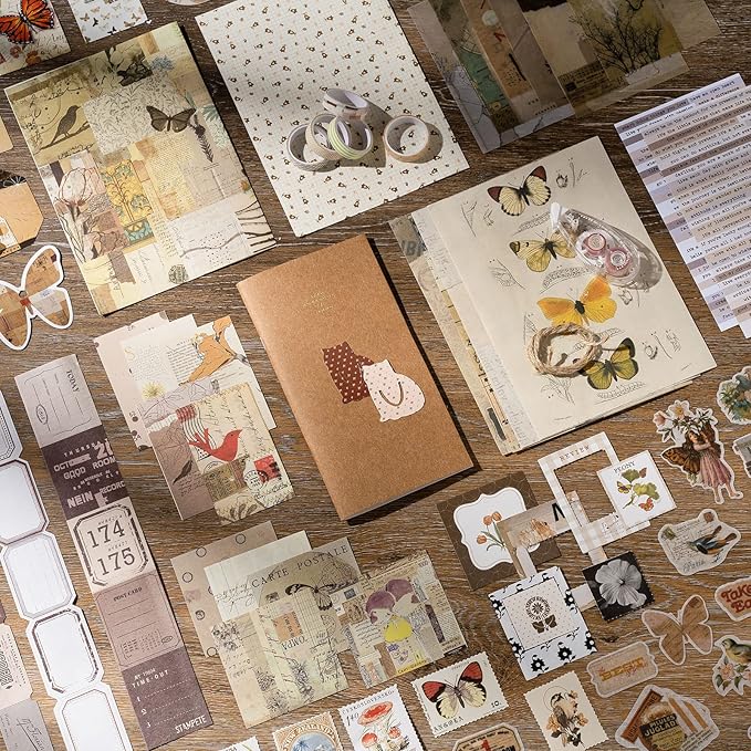 joychoic vintage scrapbooking supplies aesthetic journaling kit, scrapbook large collection for bullet junk journal, arts craft collage, beginners, ephemera