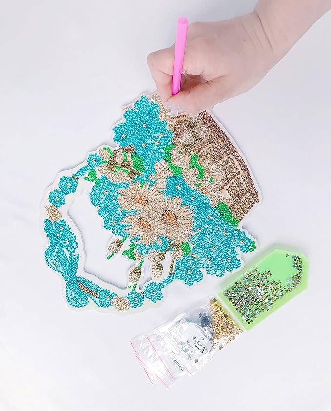 YEESAM ART DIY 5D Rhinestone Painting Christmas Decorations Hanging Kit, Blue Flowers Daisies 20x23cm Rhinestone Art for Wall Door Window Decorations Hanging Mosaic Crafts Ornaments