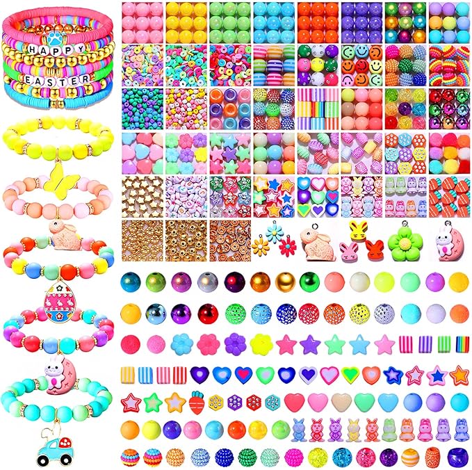 1950PCS+ Easter Beads for Jewelry Making, Colorful Easter Polymer Clay Beads, Assorted Pearl Crystal Acrylic Beads Letter Spacer Beads Cute Flower Bunny Charms for Bracelet Necklace Making DIY Crafts