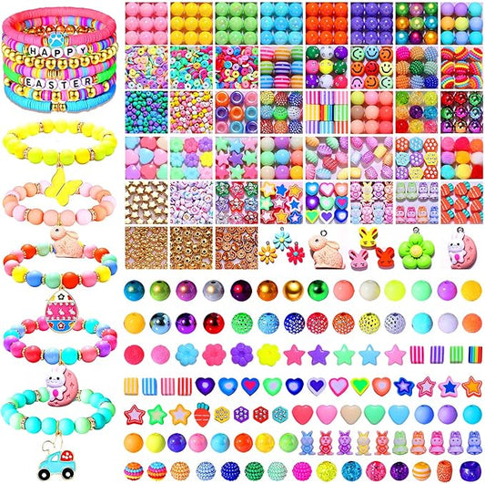 1950PCS+ Easter Beads for Jewelry Making, Colorful Easter Polymer Clay Beads, Assorted Pearl Crystal Acrylic Beads Letter Spacer Beads Cute Flower Bunny Charms for Bracelet Necklace Making DIY Crafts