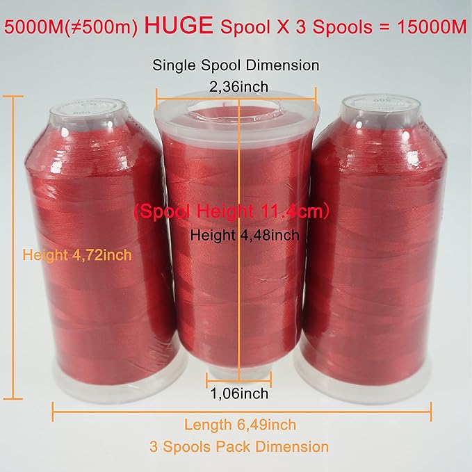 New brothreads - 40 Options- Various Assorted Color Packs of Polyester Embroidery Machine Thread Huge Spool 5000M for All Embroidery Machines -3xRed